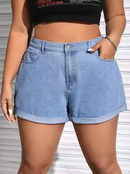EZwear Женские джинсовые шорты больших размеров, широкий крой, закругленные края Shein, светло-голубой