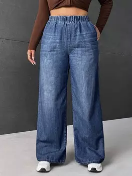 EZwear Женские джинсы больших размеров, эластичный пояс, широкий крой Shein, тёмно-синий