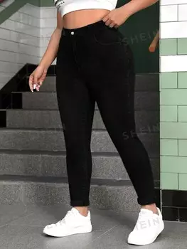 EZwear Женские джинсы скинни больших размеров, темные, высокая эластичность, с эффектом кошачьего когтя Shein, черный