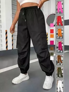 EZwear Женские повседневные брюки цвета хаки на шнурке больших размеров Shein, черный