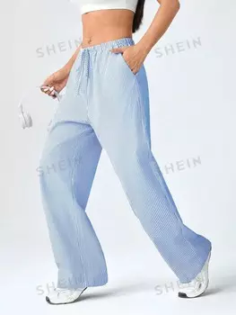 EZwear Женские повседневные прямые брюки в синюю полоску в стиле досуга Shein, синий/белый