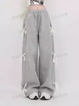 EZwear Женские простые брюки, декор в виде банта, повседневная одежда Shein, светло-серый