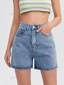 EZwear - Женские простые однотонные повседневные джинсовые шорты Shein, тёмно-синий