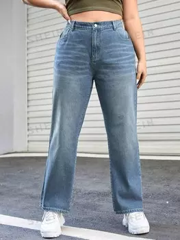 EZwear Женские Прямые джинсы больших размеров с карманами Shein, голубой
