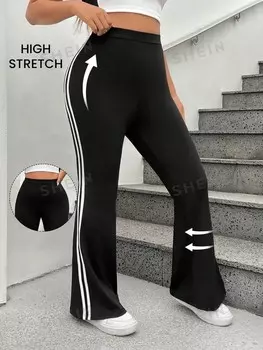 EZwear Женские расклешенные брюки больших размеров, прошитый рисунок, боковые разрезы Shein, черный