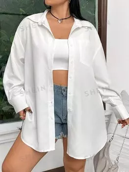 EZwear Женские рубашки больших размеров, однотонные, с заниженной линией плеча, с карманом Shein, белый