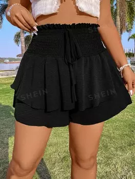 EZwear Женские шорты больших размеров с двухслойным низом и присборенной талией Shein, черный