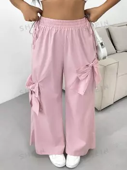 EZwear Женские свободные широкие брюки большого размера, Однотонные, с бантом сбоку Shein, розовый