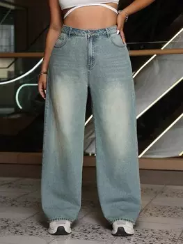 EZwear Женские свободные широкие джинсы больших размеров с повседневными карманами Shein, светло-голубой