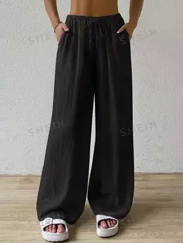 EZwear Женские весенне-летние Однотонные вельветовые длинные брюки с широкими штанинами и завязками на талии Shein, черный