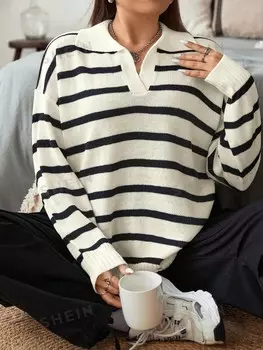 EZwear Женский кардиган больших размеров во французскую полоску с отложным воротником больших размеров Shein, белый