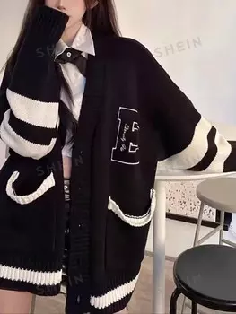 EZwear Женский кардиган, с буквами и принтом, длинный рукав, в полоску Shein, черно-белый