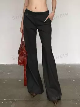 EZwear Женский однотонный простой повседневный комплект брюк-клеш Shein, черный