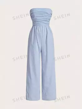 EZwear Женский полосатый комбинезон без бретелек Shein, синий