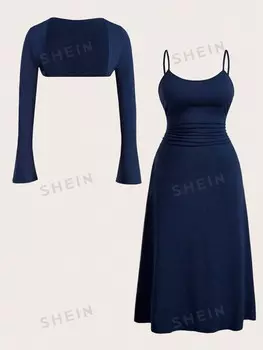 EZwear, Женский простой Однотонный повседневный топ с запахом и платьем-комбинацией больших размеров, Комплект из 2 предметов Shein, темно-синий