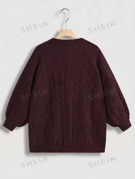 EZwear Женский свитер больших размеров, однотонный, с V-образным вырезом, узор косой вязки Shein, белый/бордовый