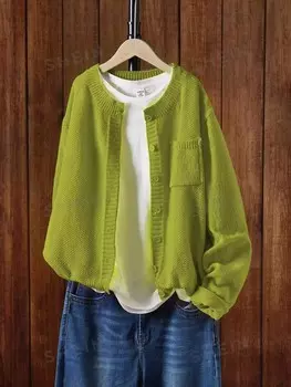 EZwear Женский весенне-осенний кардиган свободного кроя с одной пуговицей, заниженной линией плеча, длинными рукавами и карманами Shein, зеленый