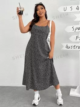 EZwear Женское Длинное платье-майка больших размеров с черной основой и белым цветочным узором Shein, черно-белый