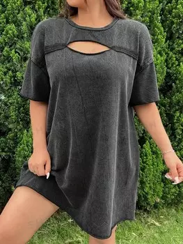 EZwear Женское платье больших размеров из шифона с вырезом, воротником, снежинками и рваной отделкой Shein, черный