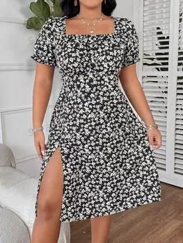 EZwear Женское платье больших размеров с квадратным вырезом и разрезом по бокам с короткими рукавами и цветочным принтом Shein, мультиколор