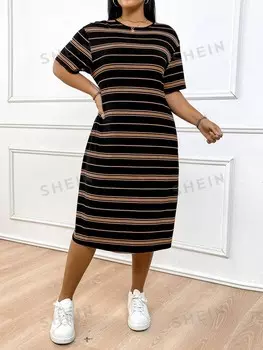 EZwear Женское платье больших размеров в черно-белую полоску с короткими рукавами и круглым вырезом Shein, коричневый