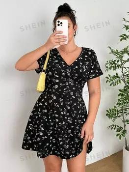 EZwear Женское платье больших размеров с v-образным вырезом и короткими рукавами и цветочным принтом Shein, черный
