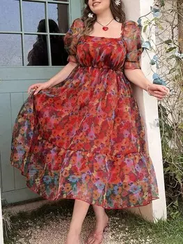 EZwear Женское платье больших размеров, цветочный принт, квадратный вырез, короткие пышные рукава, пузырь Shein, красный