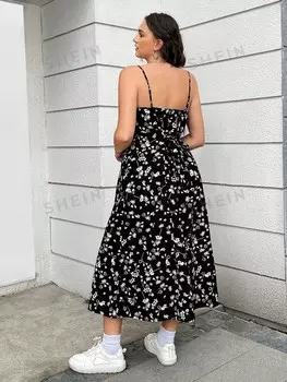 EZwear Женское платье трапециевидной формы больших размеров в праздничном стиле с цветочным принтом и бантом Shein, черный/белый