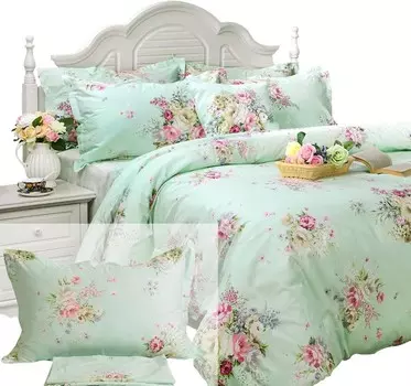 FADFAY 7 шт., комплект хлопковых пододеяльников с зеленым цветочным принтом, полный размер, 1 пододеяльник + 1 плоская простыня + 1 простыня на резинке + 4 наволочки стандартного размера, Green