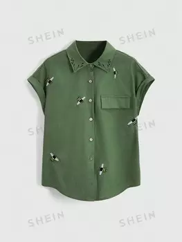 Fairycore Летняя повседневная рубашка больших размеров с короткими рукавами Romwe, темно-зеленый