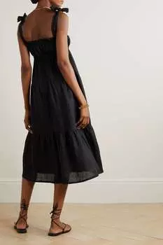 FAITHFULL THE BRAND ярусное льняное платье миди Bellamy со сборками, черный