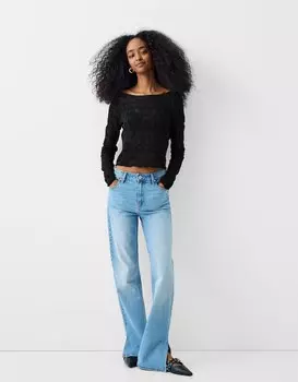 Фактурная блузка с длинными рукавами и вырезом «бардо» Bershka, черный