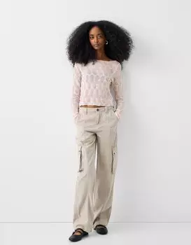 Фактурная блузка с длинными рукавами и вырезом «бардо» Bershka, розовый