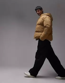 Фактурная куртка-пуховик с капюшоном горчичного цвета Topman