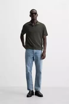 Фактурная рубашка-поло с ребринчатыми отделками ZARA, темно-зеленый