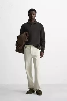 Фактурная рубашка-поло с ребристой отделкой ZARA, темно-коричневый