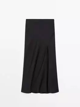 Фактурная юбка миди косого кроя с разрезом Massimo Dutti, черный