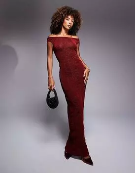 Фактурное блестящее платье-макси Бардо красного цвета ASOS DESIGN