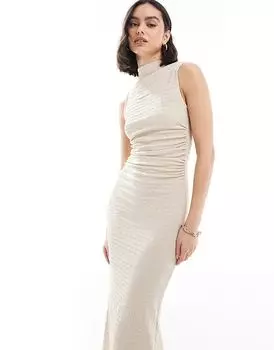 Фактурное макси-платье с высоким воротом песочного цвета Bershka