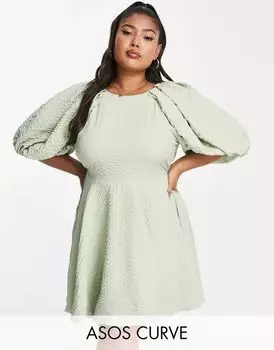 Фактурное мини-платье с открытой спиной и рукавами-буфами ASOS DESIGN Curve шалфейного цвета
