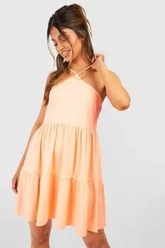 Фактурное многоярусное свободное платье с воротником халтер boohoo, розовый