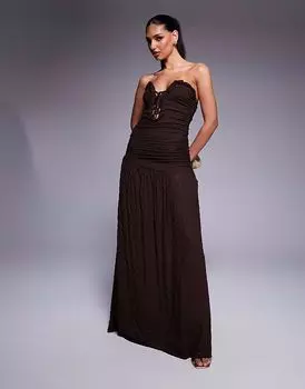 Фактурное платье-бандо макси ASOS DESIGN с изогнутой отделкой и шнуровкой шоколадного цвета