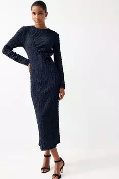 Фактурное платье миди с длинными рукавами и рюшами Next, синий