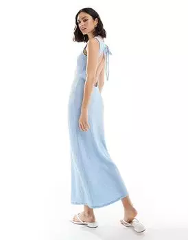 Фактурное платье миди с вырезом-лодочкой и открытой спиной синего цвета ASOS DESIGN