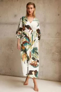 Фактурное платье миди с завязкой на талии и принтом Next, белый