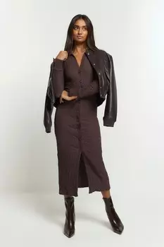 Фактурное платье рубашка миди River Island, коричневый