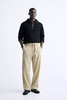 Фактурные брюки с поясом ZARA, бежевый