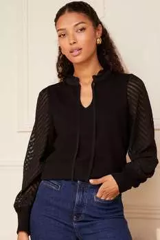 Фактурный свитер с рукавами-буфами и завязкой на шее Love & Roses, черный