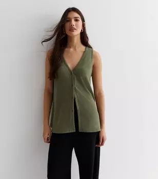 Фактурный топ тонкой вязки цвета хаки на пуговицах спереди New Look, хаки
