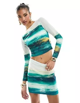 Farai London – Clio – Бело-бирюзовый комплект из топа с длинными рукавами и мини-юбки из сетки Brushstroke